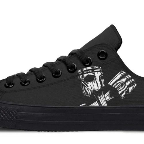 Skull Engine Motor Black Low-Top Sneakers - Edgy Biker Style